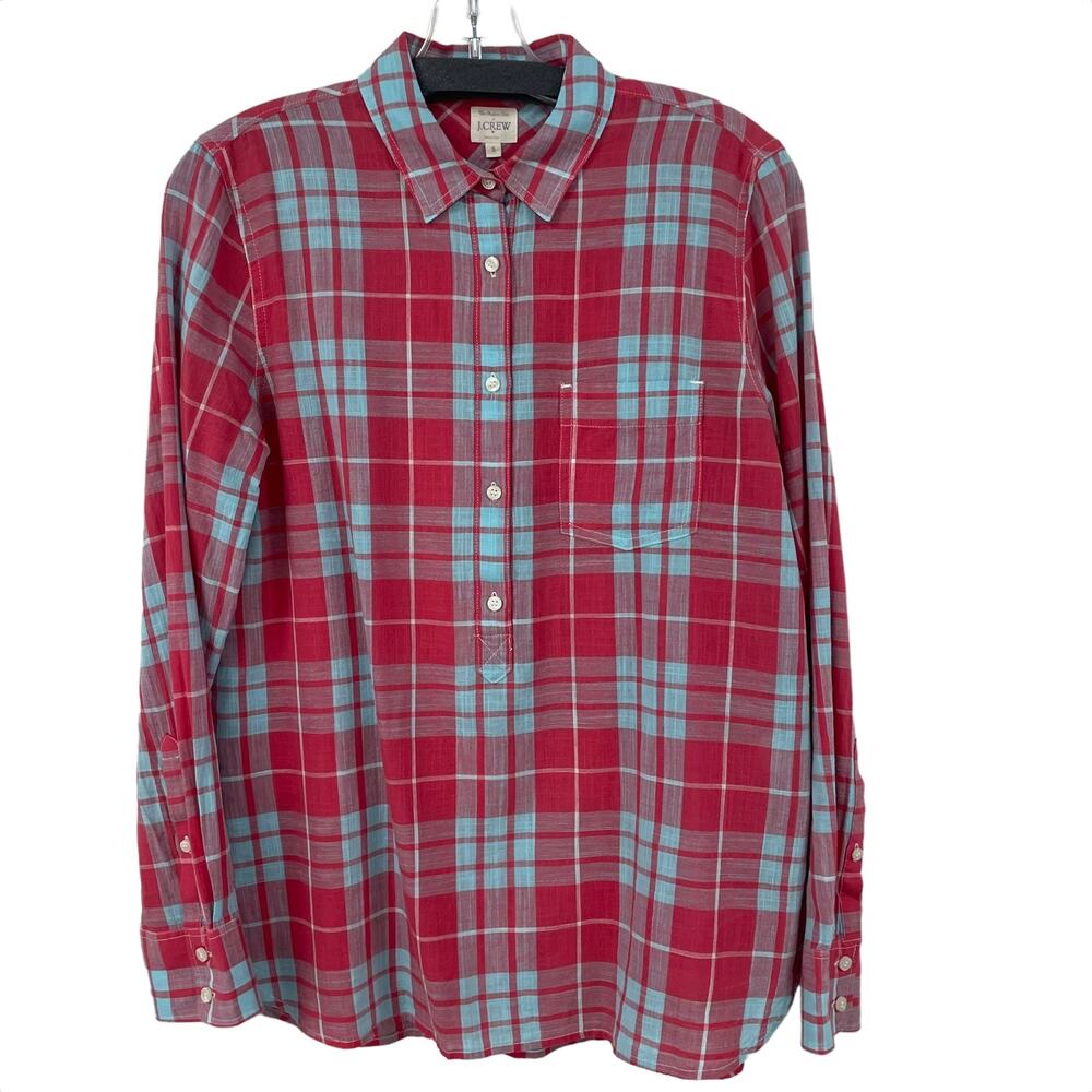 J. Crew The Perfect Shirt Partial Button Front Long Sleeve Red Blue Plaid Small